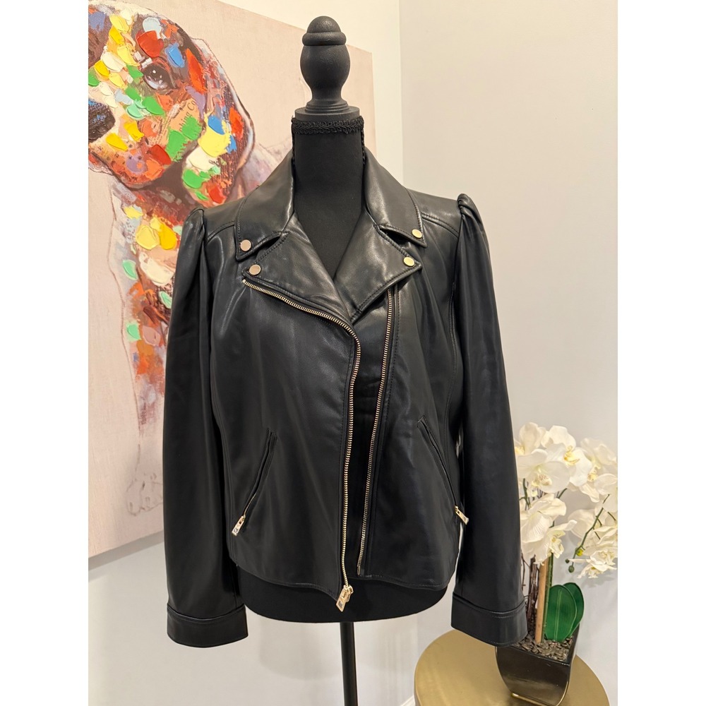 Chicos Faux Leather Cropped Moto Jacket, Puff Shoulder, Gold Zip